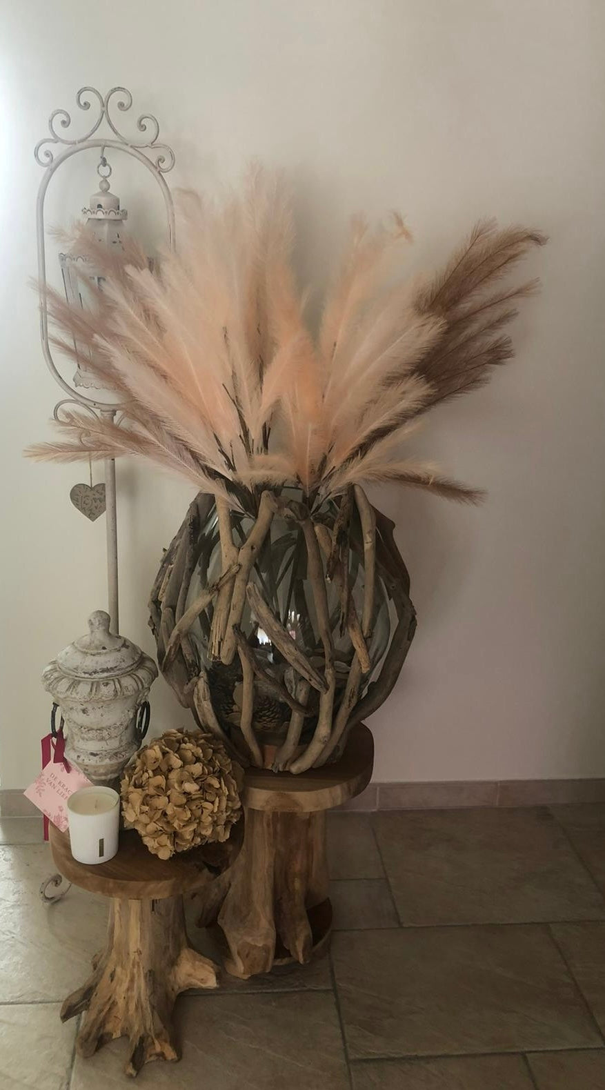 Windlicht/ vaas van drijfhout