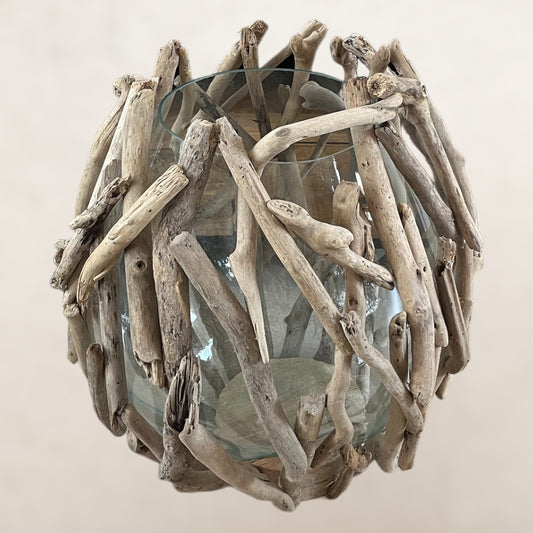 Windlicht/ vaas van drijfhout